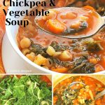 A White bowl of Tuscan soup with chickpeas and Swiss chard.