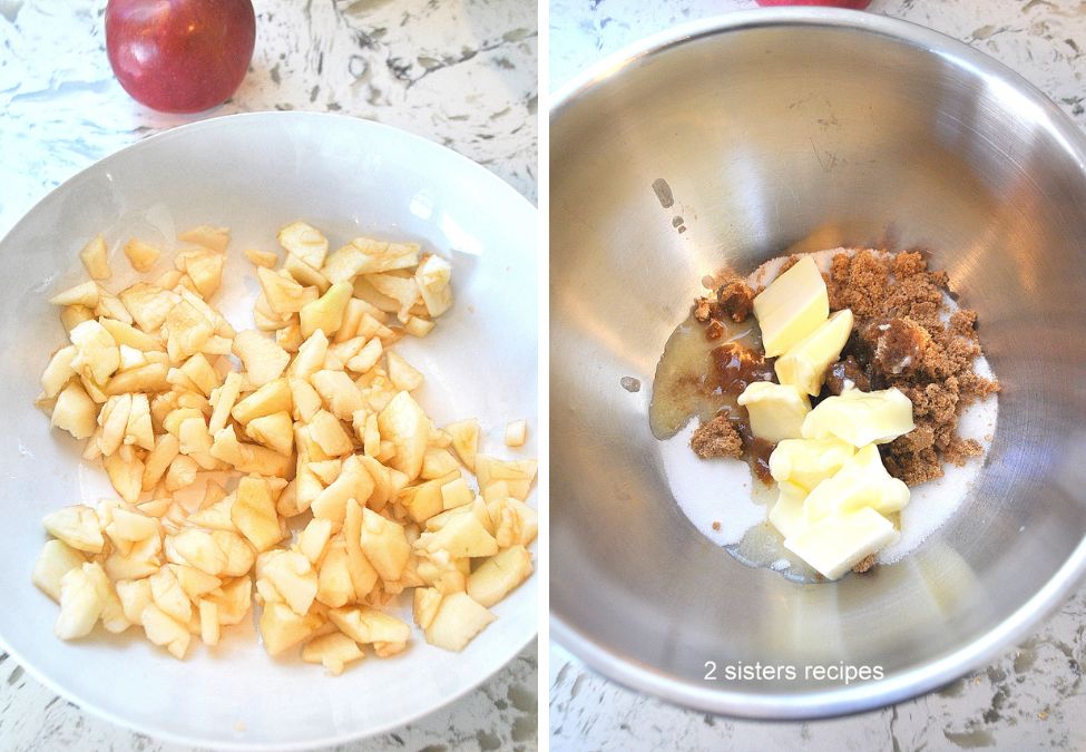 Diced apples in a white bowl, and ingredients in a silver bowl. by 2sistersrecipes.com