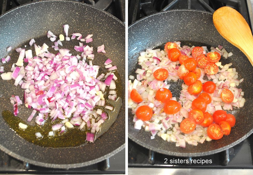 2 photos of black skillet with chopped onions and one with cherry tomatoes.  by 2sistersrecipes.com