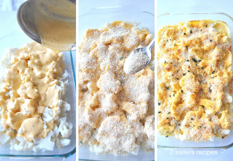 Melted cheese is poured over the cauliflower in a glass baking dish.