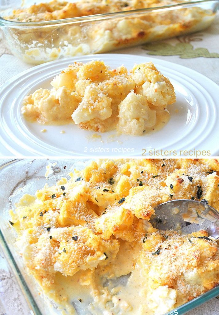 A serving of creamy cauliflower on a white plate, and in the glass baking dish. 