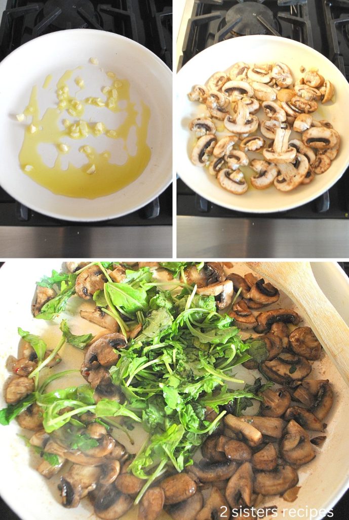 3 photos of a white skillet with garlic, mushrooms and arugula.  by 2sistersrecipes.com