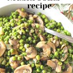A white bowl filled with sautéed peas and mushrooms.