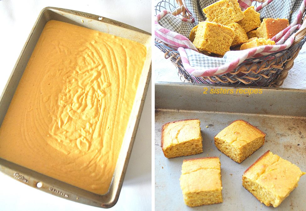 Two photos with batter in a baking pan, and the other with cornbread cut into squares. by 2sistersrecipes.com