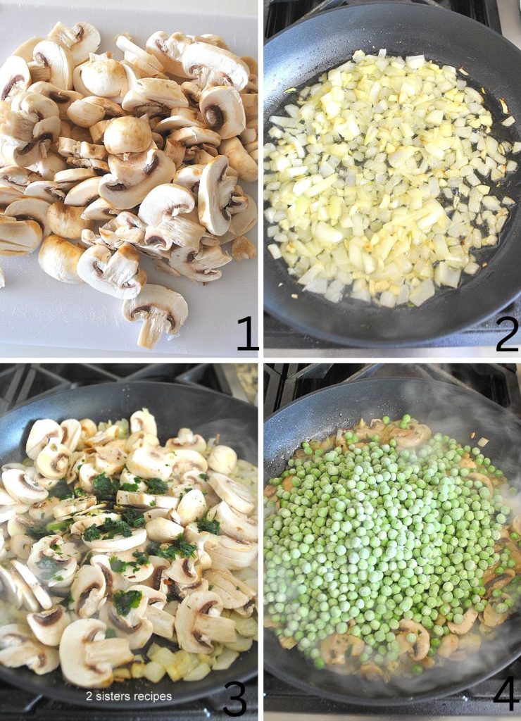 Showing 4 photos of each step to cooking the peas and mushrooms in a skillet. by 2sistersrecipes.com  