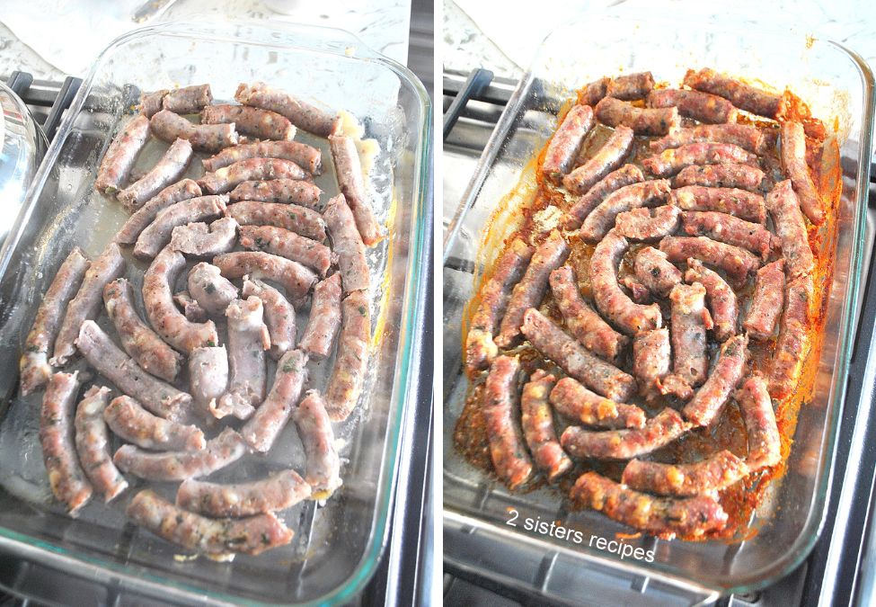 Thin sausages in a casserole cut into smaller pieces. by 2sistersrecipes.com