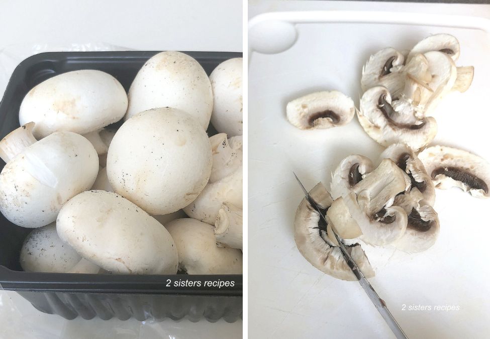A basket of White button Mushrooms, and a white cutting board with sliced mushrooms. by 2sistersrecipes.com