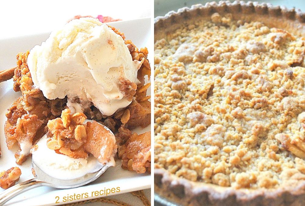 2 photos of apple crisps, and one pie. by 2sistersrecipes.com