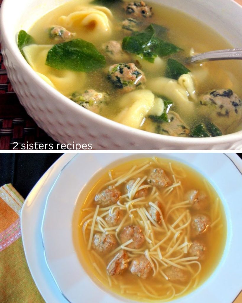 2 photos of bowls of soups with mini meatballs. by 2sistersrecipes.com
