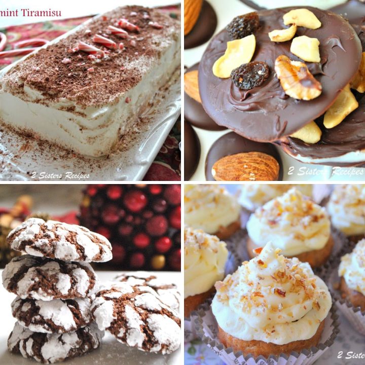 A peppermint rectangular cake, cookies, chocolates and cupcakes.