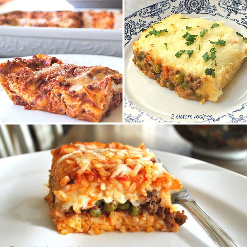 3 dinner plates with a piece of lasagna, rice ball casserole,  and shepherds pie. 