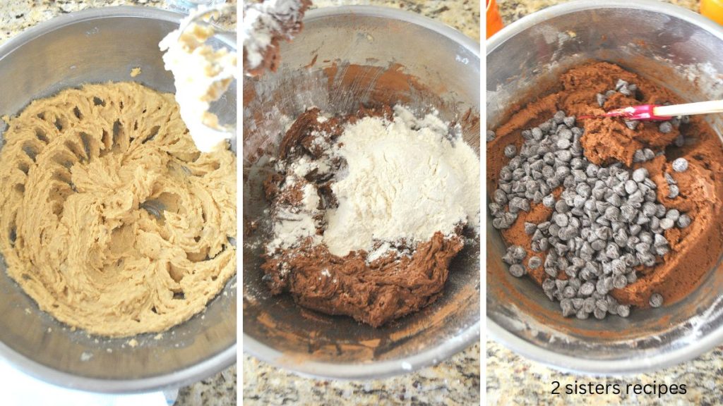 2 photos of beating the ingredients in a silver mixing bowl. by 2sistersrecipes.com