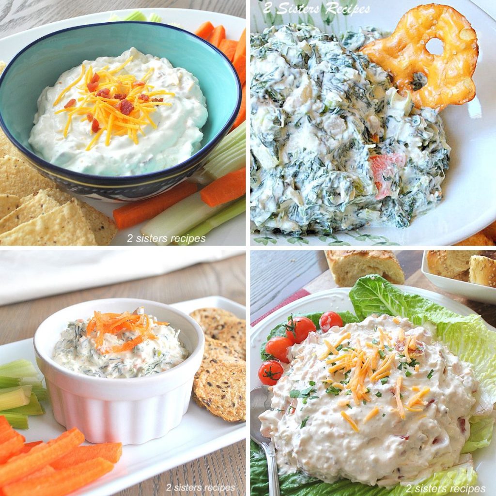 4 photos of chilled party dips served in white bowls. by 2sistersrecipes.com
