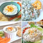4 photos of chilled party dips served in white bowls.
