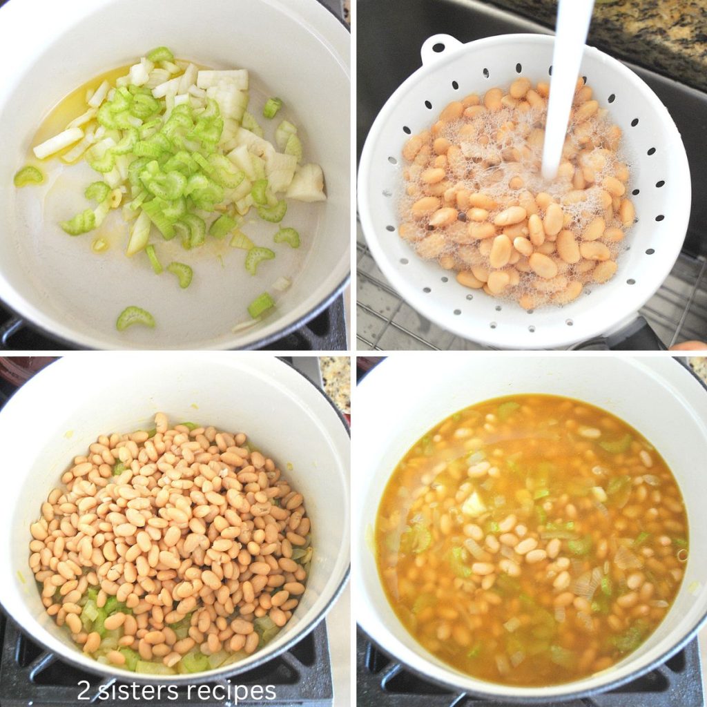 4 photos of steps to making white beans soup in a dutch oven pot. by 2sistersrecipes.com