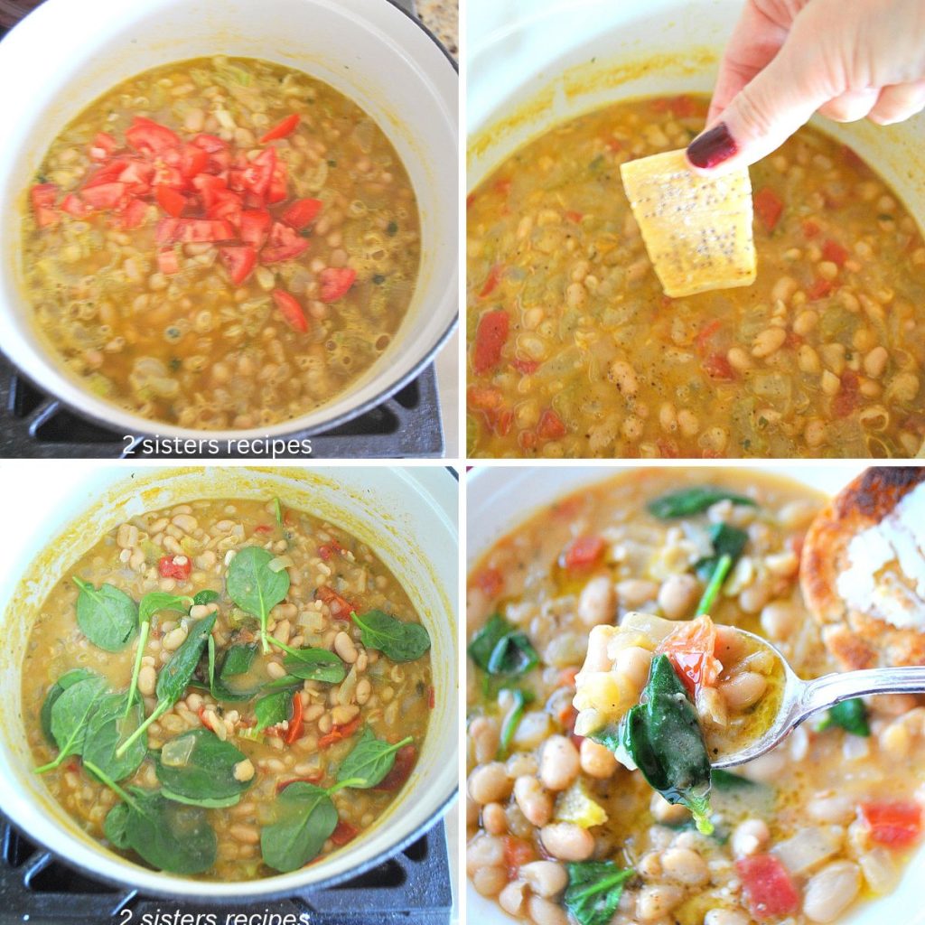 4 photos of white beans and tomatoes and spinach in the pot. by 2sistersrecipes.com 
