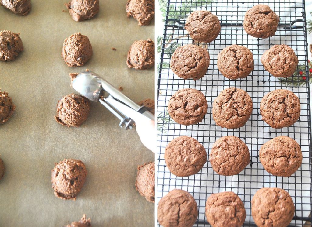 Cookie dough is dropped onto parchment paper, and cookies cool on wire rack. by 2sistersrecipes.com