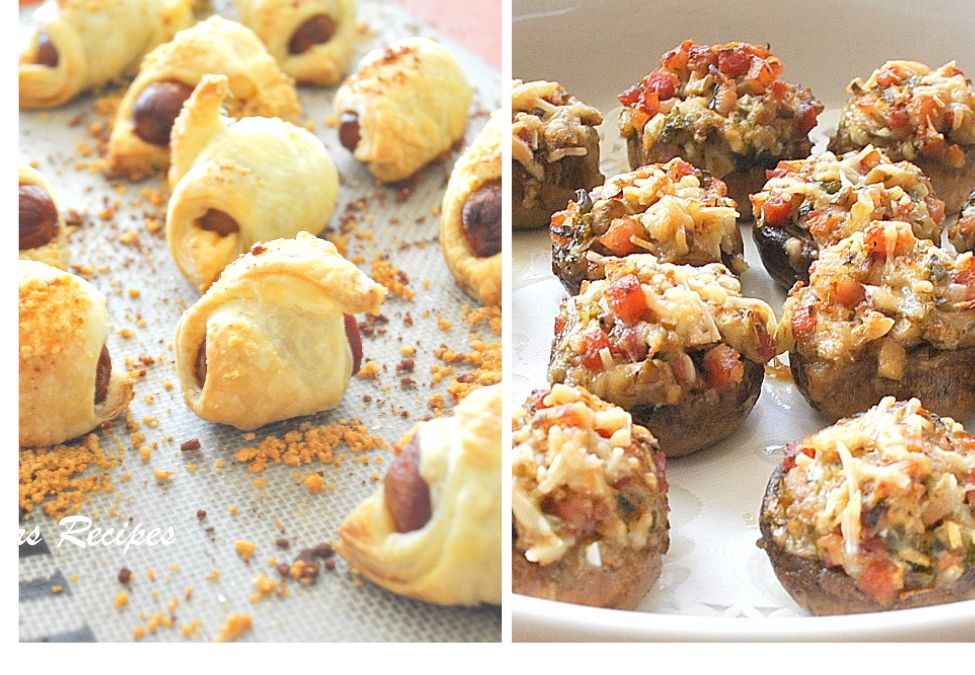 Two photos with little bites of pastry pups and stuffed mushrooms. by 2sistersrecipes.com