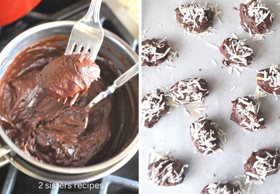 Asmall pot with melted chocolate, dates covered with chocolate and shredded coconut. by 2sistersrecipes.com