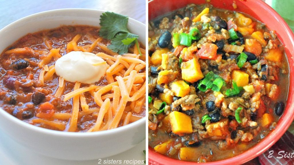 One white bowl of chili and one red bowl made with ground beef. 