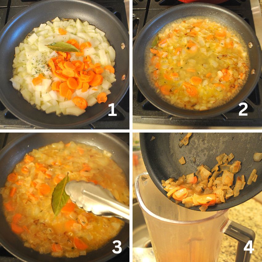 4 Steps to sauté the vegetables for the bisque., then puree them in a blender.