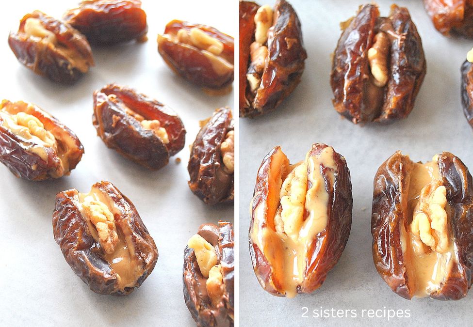 Stuffed dates on parchment paper. by 2sistersrecipes.com