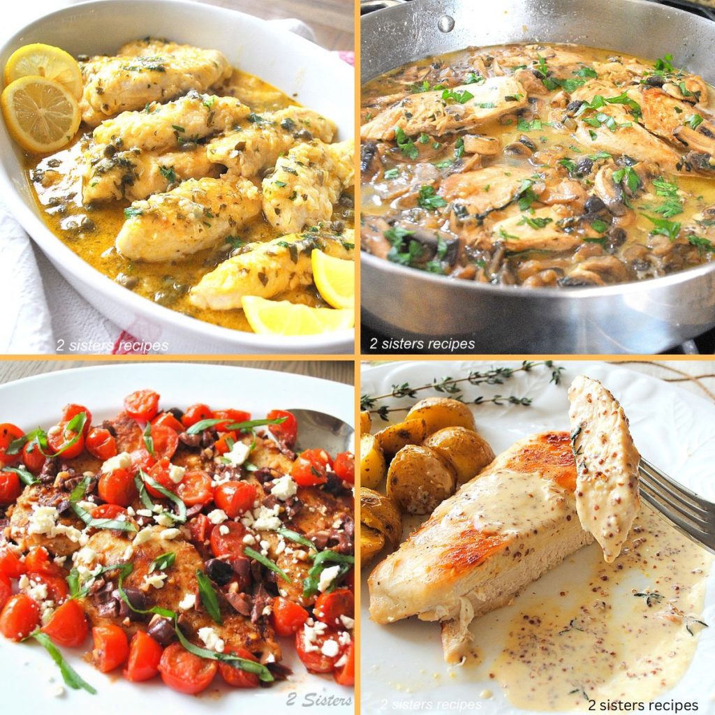  Chicken dinners displayed in serving platters and skillet.