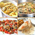Chicken dinners displayed in serving platters and skillet.
