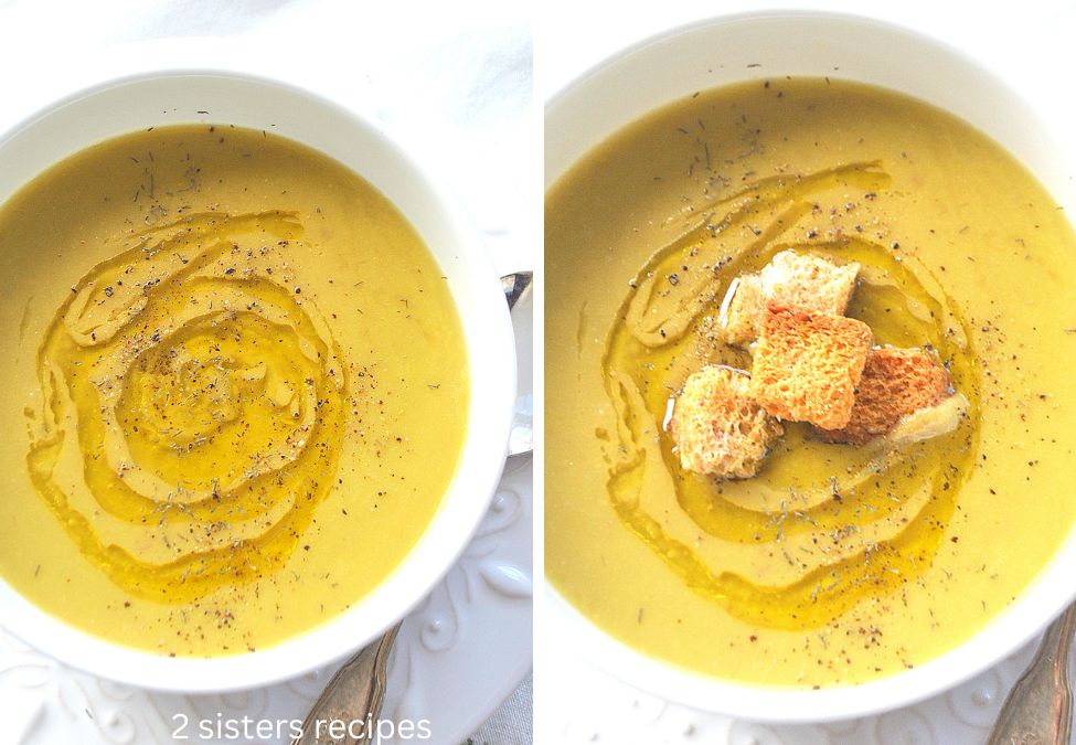 2 photos of creamy split pea soup in a white bowl.  by 2sistersrecipes.com