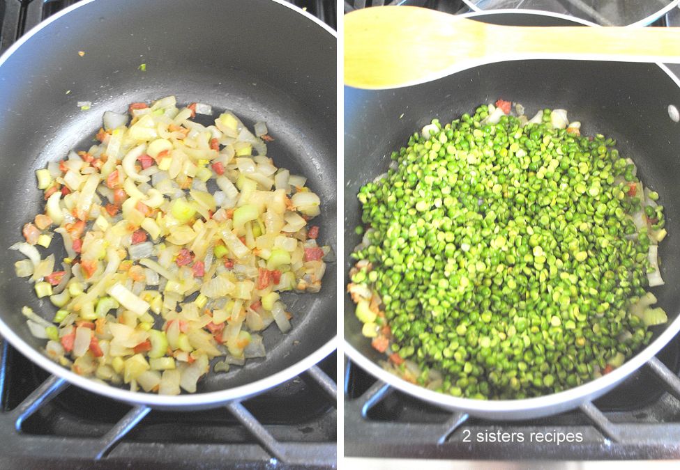 2 photos of a soup pot with veggies, and split peas added in the other. by 2sistersrecipes.com