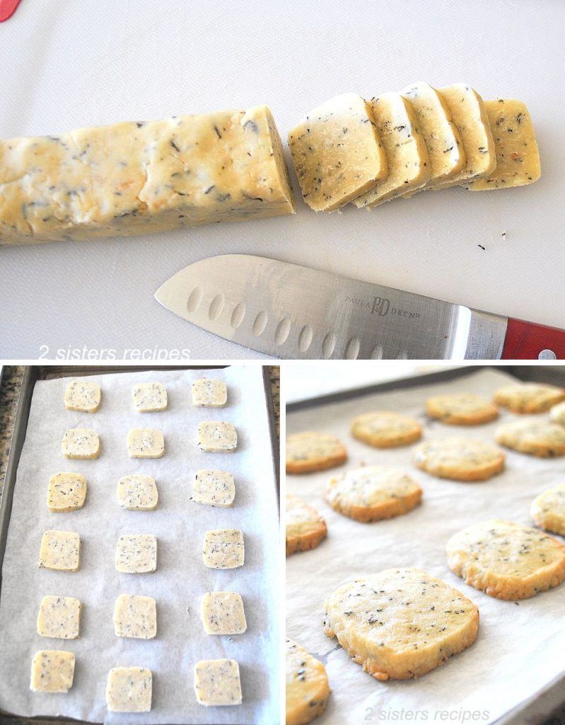 3 photos of raw cookie dough sliced on a white cutting board.  Then slices on placed onto cookie sheet to bake.  by 2sistersrecipes.com