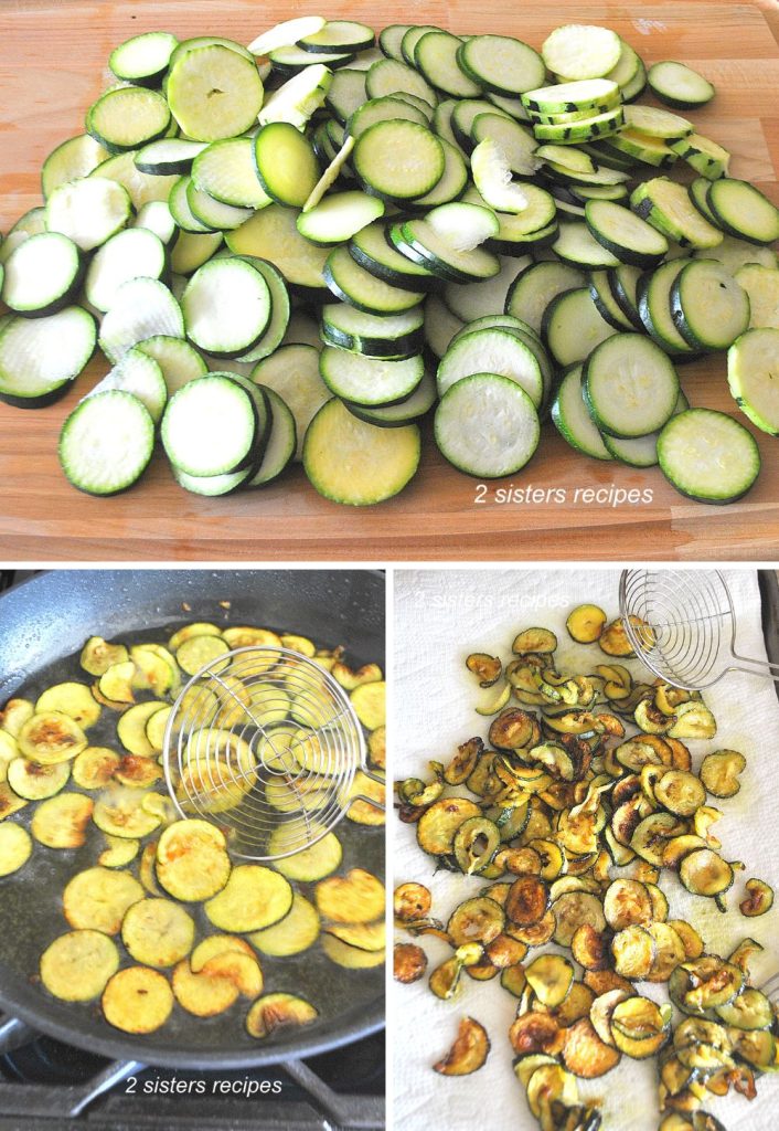 3 photos of sliced zucchini, frying in skillet and draining on paper towels. by 2sistersrecipes.com