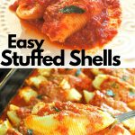 A white plate with stuffed shells smothered with tomato sauce.