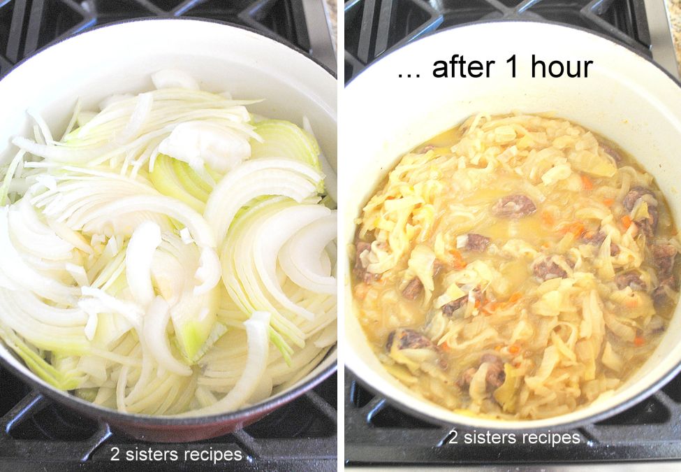 2 photos of a Dutch oven pot, filled with raw onions, and other simmered after one hour. by 2sistersrecipes.com