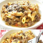 A white bowl filled with penne pasta smothered with onion and meat sauce.