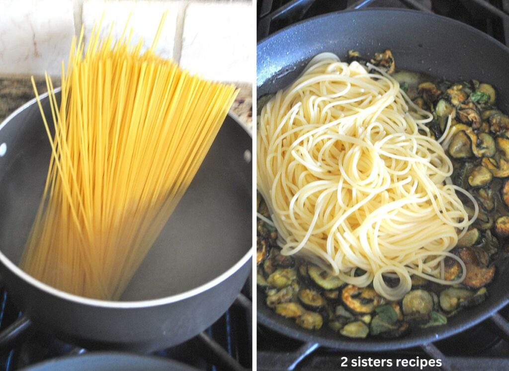 A large pot with dried spaghetti tossed into it, and then transferred to a skillet with zucchini.