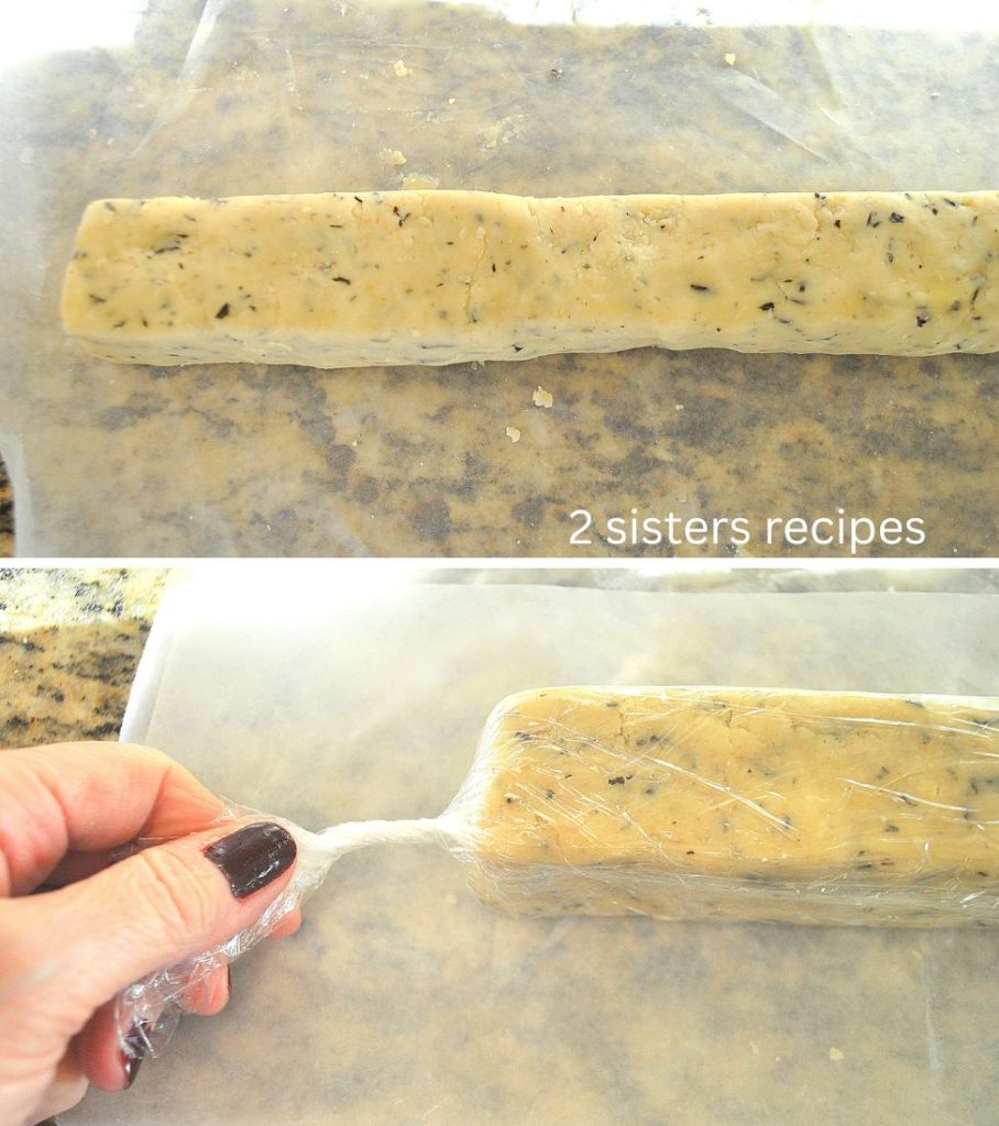 2 photos displaying a square shaped log of a cookie dough, and plastic wrap with ends twisted. by 2sistersrecipes.com