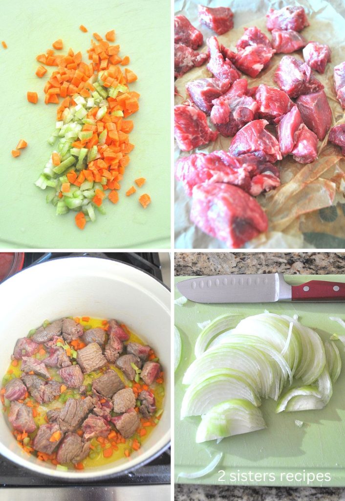 4 photos of vegetables chopped and onions sliced. by 2sistersrecipes.com