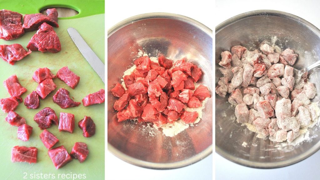 3 photos of raw pieces of meat tossed into a silver bowl with flour. 