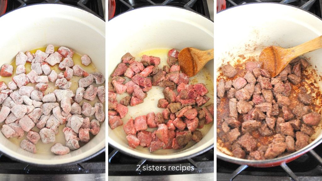 3 photos of a Dutch oven with cubes of beef cooking and browning.  by 2sistersrecipes.com