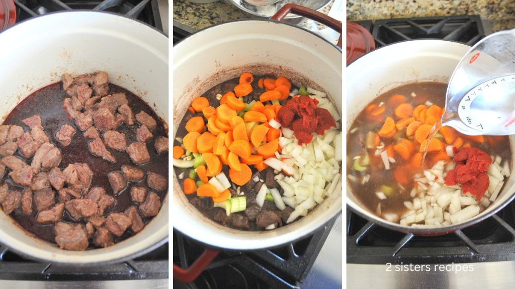 Red wine is added to the beef, then all the vegetables and liquid into the pot. 