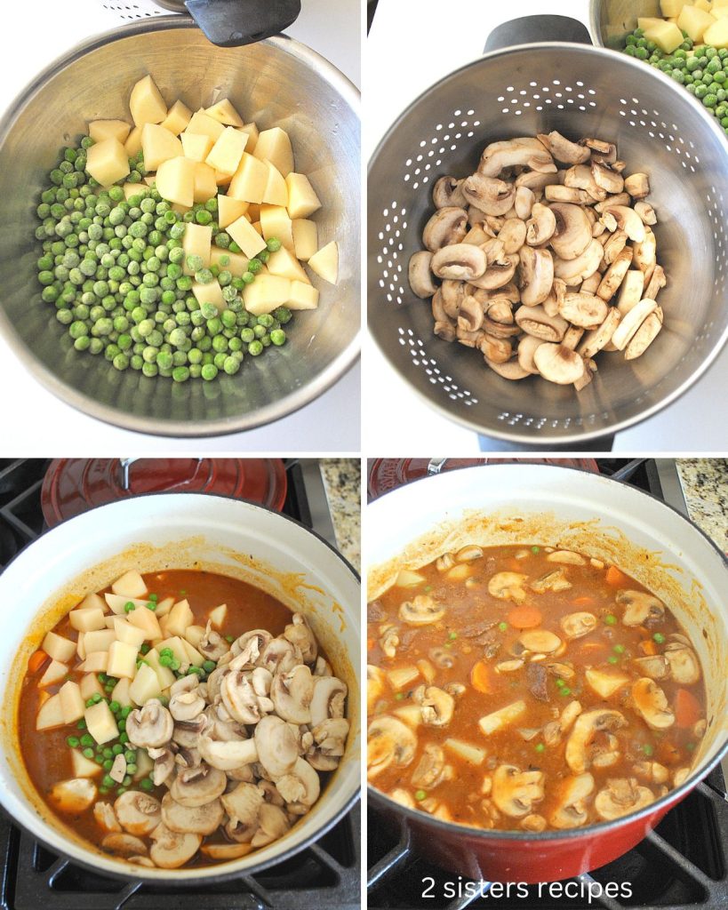  Raw peas, chopped potatoes, sliced mushrooms in a colander, and a pot simmering with the Vegetables.  