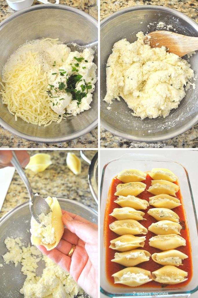 4 photos of showing the cheese filling in silver bowl, filling a pasta shell with filling, and a baking dish filled with stuffed shells. sitting on tomato sauce. by 2sistersrecipes.com
