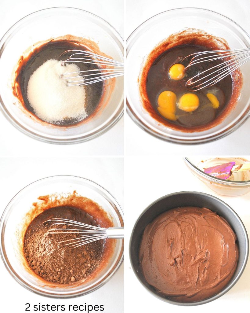 A clear bowl with sugar, eggs, and cocoa powder added then batter inside a cake pan. 
