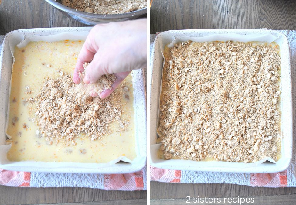 Sprinkling the remaining crumble mixture over the filling. by 2sistersrecipes.com