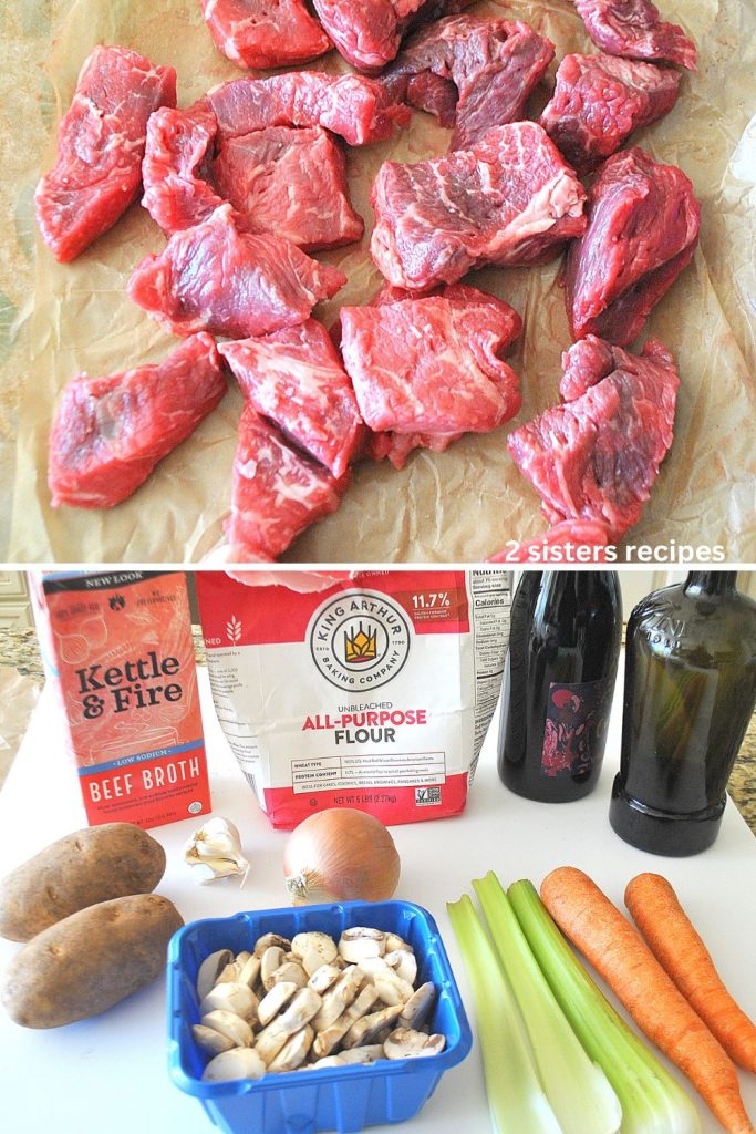 Top photo with chunks of raw meat on brown paper, and bottom has the ingredients with veggies on white counter. by 2sistersrecipes.com