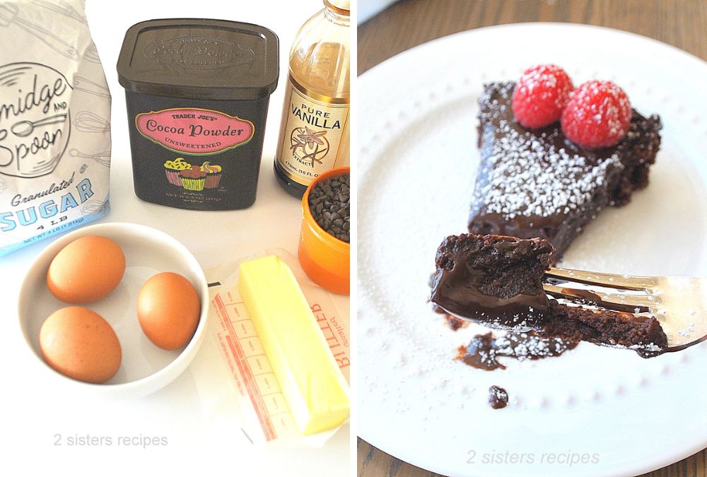 2 photos, one photo with ingredients, and a forkful of chocolate cake in the other. by 2sistersrecipes.com