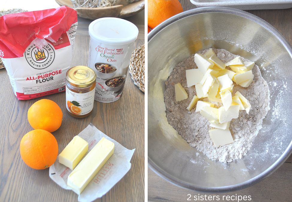 two photos, one with ingredients on table, and one a silver bowl with dry ingredients and chopped butter. by 2sistersrecipes.com