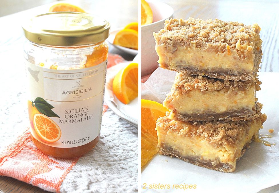 2 photos, a jar of orange marmalade and a photo of the cut orange bars. by 2sistersrecipes.com