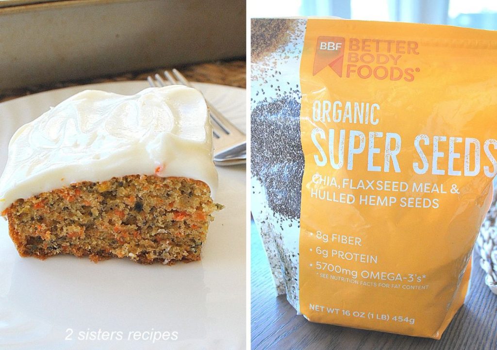2 photos, one with a square piece of carrot cake on white plate, and a package of super seeds. by 2sistersrecipes.com